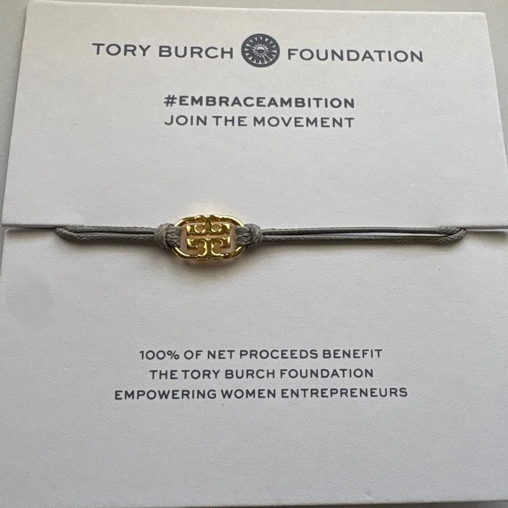 Tory Burch Embrace Ambition Grey Silk Cord Gold Gemini Link Bracelet Womens